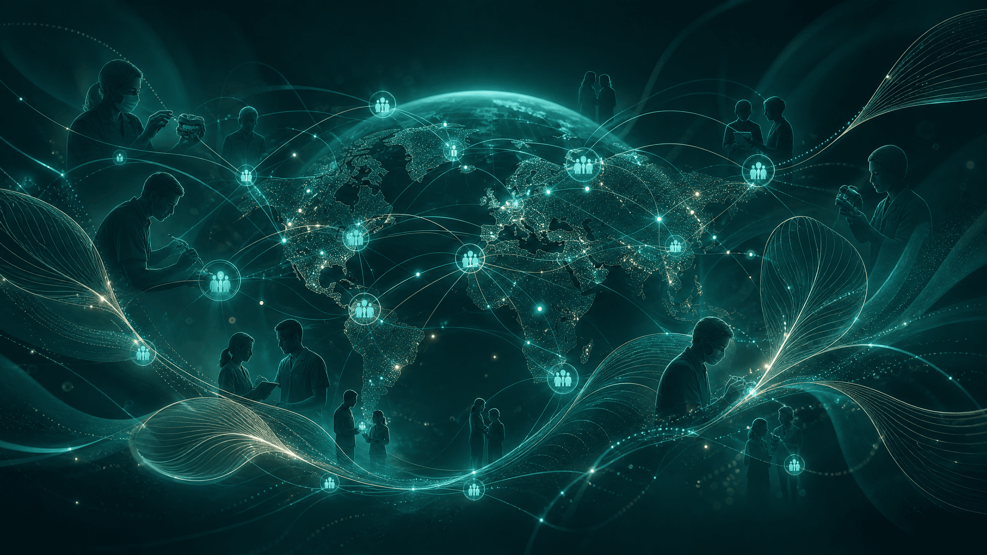 Silhouettes of dental professionals collaborating around an illuminated world map connected by glowing network lines, representing the club's international community