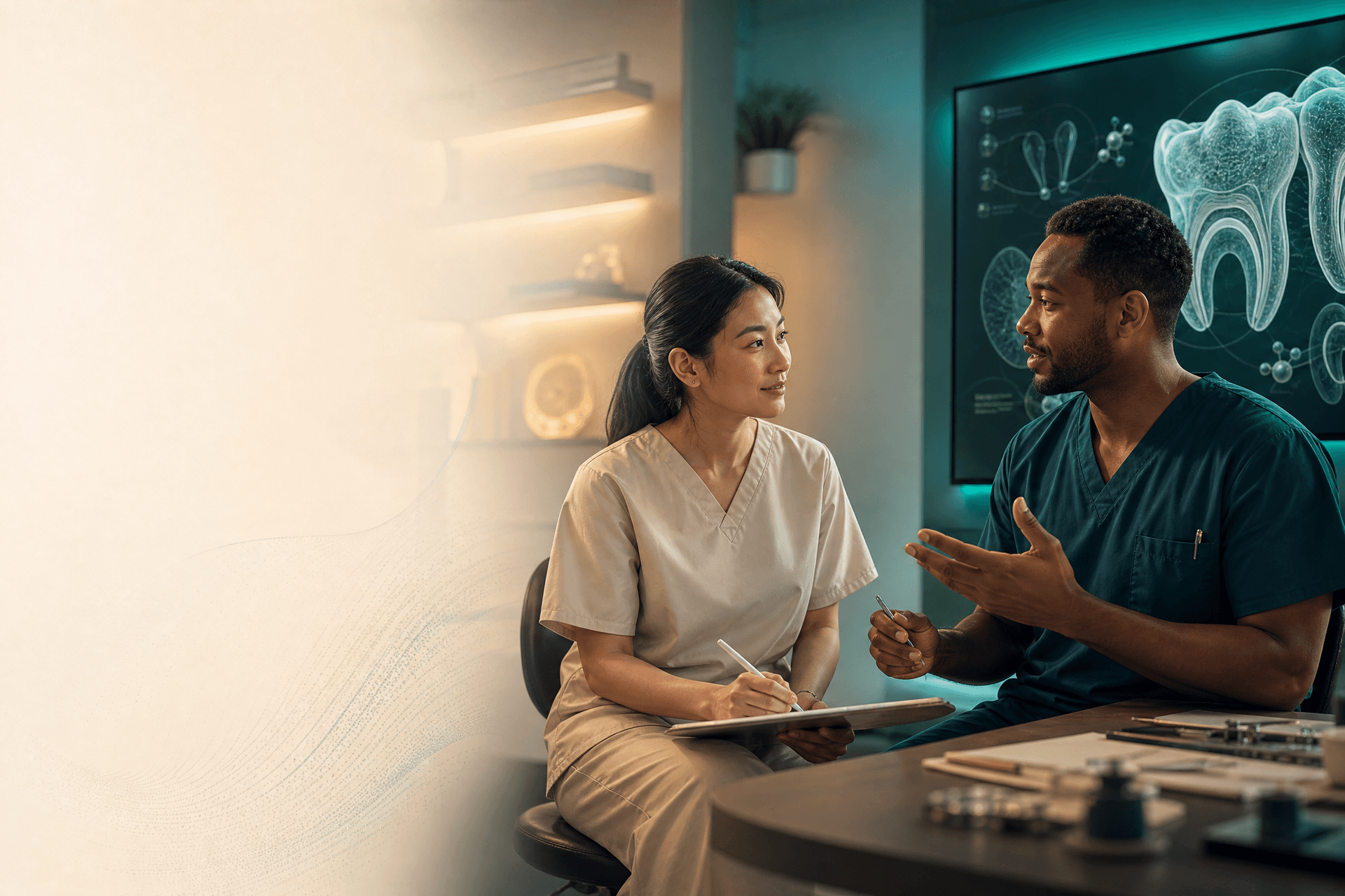 A mentor and mentee dressed in clinical scrubs discussing a case together at a desk, with a digital diagram of tooth anatomy displayed on a screen behind them