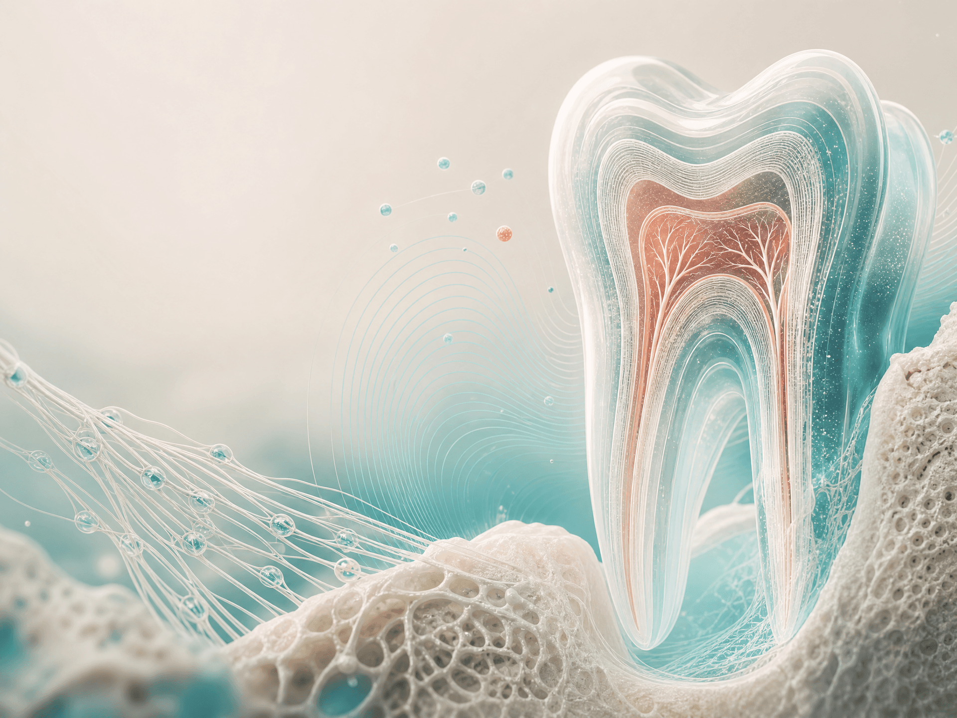 Translucent cross-section illustration of a tooth revealing its layered internal structure and branching pulp, set against a mineral, coral-textured surface